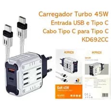 Super Lançamento Carregador de Tomada Turbo ORIGINAL KD-692CC 45W Output USB e Tipo-C com cabo para Tipo-C KAIDI