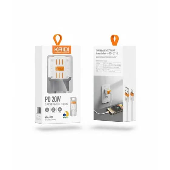 CARREGADOR IPHONE IOS 20W ORIGINAL KAIDI KD-691A Cabo USB x iPhone Com 2 Portas USB (USB E TIPO C)