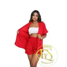 Conjunto KIMONO Femenino 2 peças Blusa e Short com bolso VISCOLINHO verão
