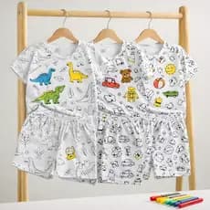 Pijama Infantil Masculino para Colorir com 6 Canetinhas – Pijama de Verão Menino Pinta e Lava | 02 a 14 Anos