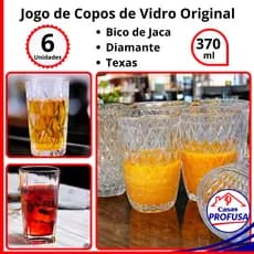 Jogo Conjunto 6 Copos Vidro Transparente Original Resistente Bico de Jaca Diamante Texas 370ml 320ml