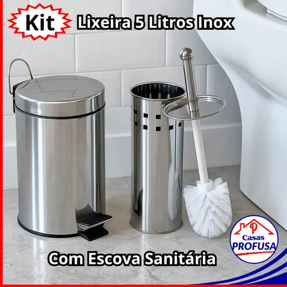 Lixeira Inox 5 Litros Pedal Cesto Lixo Banheiro Balde Removível Escova Sanitária Suporte - Kit / Uno