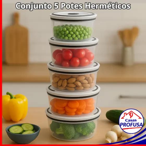 Kit 5 Potes Plásticos Tampa Hermética Redondo Transparente Branco Conjunto Jogo Geladeira Microondas