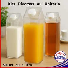 Kit Garrafa Acrílica Plástico Transparente Resistente Formato Caixa Leite 1 Litro / 500 ml Suco Água