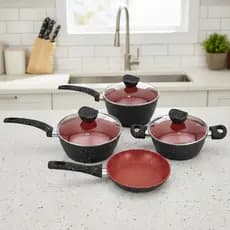 Conjunto De Panelas 04 Peças Antiaderente Com Tampa De Vidro Preto E Vermelho