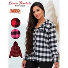 Camisa Xadrez Feminina Com Touca Blusa Manga Longa Quadriculada Flanelada De Botões Arraial