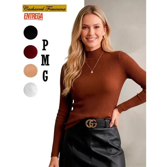 Blusa Cacharrel Feminina Gola Alta Manga Longa Segunda Pele Blusinha Colada Justa Canelado