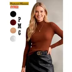 Blusa Cacharrel Feminina Gola Alta Manga Longa Segunda Pele Blusinha Colada Justa Canelado