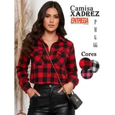 Xadrez Feminina Camisa Manga Longa de Botões Quadriculada Blusa Flanelada Arraial Festa Junina