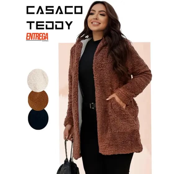 Casaco Blusa Teddy Sobretudo Feminino de Pelinho Com Capuz Forrado Touca Bolso Lateral Manga Longa