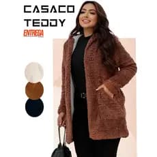 Casaco Blusa Teddy Sobretudo Feminino de Pelinho Com Capuz Forrado Touca Bolso Lateral Manga Longa