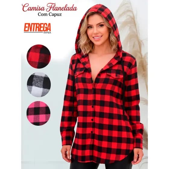 Blusa Camisa Xadrez Feminina Com Capuz Manga Longa Quadriculada Flanelada De Botões Arraial