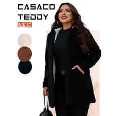 Casaco Sobretudo feminino Teddy Blusa de Pelinho Com Capuz Forrado Touca Bolso Lateral Manga Longa