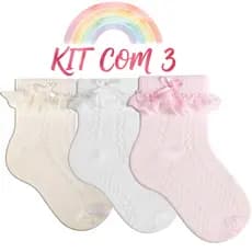 Kit Meia Infantil Bebê Menina Meia De Festa Rendada Batizado