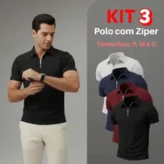 Kit 3 Camiseta Polo Com Ziper Manga Curta Canelada Camisa Básica Malha