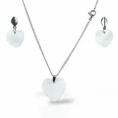 Conjunto Feminino Colar + Par de Brincos Aço Inox Coração Pedra Branca Anti Alergico