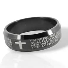 Anel Religioso Com Oração do Pai Nosso Preto Aço Inoxidável A-18
