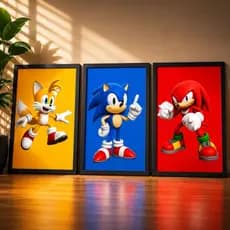 KIT 3 QUADROS DECORATIVOS SONIC TAILS KNUCKLES GAMER GEEK COM MOLDURA E VIDRO