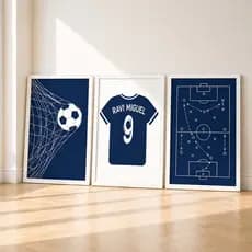 Kit 3 Quadros Futebol Personalizado com Nome Quarto Infantil Menino Camisa Bola Campo Decoração Moderna Moldura e Vidro