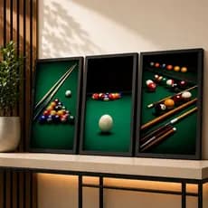 Kit 3 Quadros Sinuca Bilhar Decorativo Premium para Área Gourmet e Sala de Jogos
