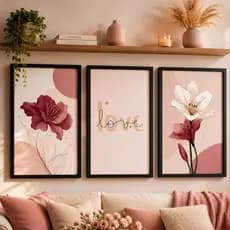 Kit 3 Quadros Decorativos Rosa Gold Love Flores Com Vidro e Moldura Sala Quarto Feminino Luxo
