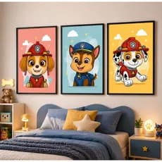 Kit 3 Quadros Decorativos Infantil Patrulha Canina Decorativo Moldura Branca e Preto Quarto de Bebê e Criança Presente