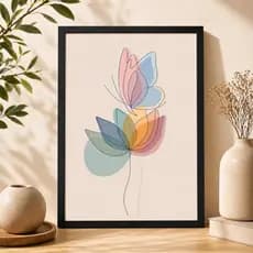 Quadro Decorativo Flor Abstrata Colorida Minimalista Traço Fino Arte Moderna Elegante Delicada Moldura e Vidro