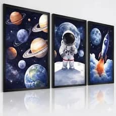 Kit 3 Quadros Decorativos Espaço Astronauta e Planetas – Arte Infantil Universo com Moldura Preta para Quarto
