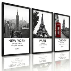 Kit 3 Quadros Decorativos Paris Londres Nova York com Moldura Preta ou Branca e Vidro