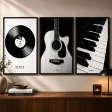 Kit 3 Quadros Música Vinil Violão Piano Preto e Branco Decorativo Musical Sala Escritório com Vidro