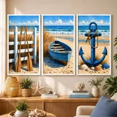 Kit 3 Quadros Decorativos Praia Náutico Barco Âncora para Sala Quarto Moldura Preta ou Branca com Vidro