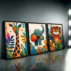Kit 3 Quadros Safari Infantil Girafa Elefante Leão Com Moldura e Vidro Decoração Quarto Bebê Menino Menina