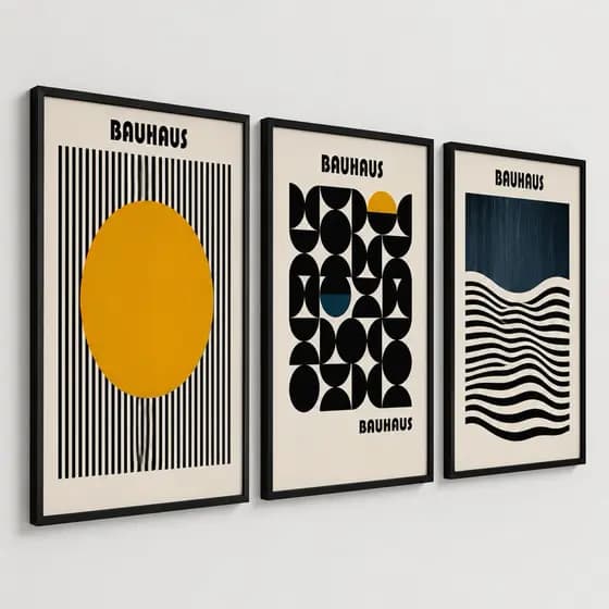 Kit 3 Quadros Decorativos Abstratos Modernos com Moldura Preta ou Branca e Vidro Quadros Geométricos