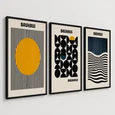 Kit 3 Quadros Decorativos Abstratos Modernos com Moldura Preta ou Branca e Vidro Quadros Geométricos