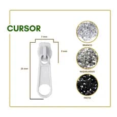 Cursor P/ Zíper N 6 Branco, Preto, Niquelado, Prata -  Premium - Cursor p/ Bolsas, Sapatos, Malas; - Mochilas, Carteira