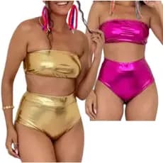 Conjunto Carnaval Hot Pant Metalizado Feminino Top + Short Cintura Alta Cirrê