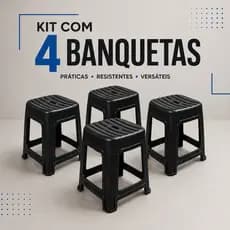 Kit 4 Banquetas Plástica MecPet Preta Lisa Reforçada Resistente Até 140kg Cozinha Balcão Imediato