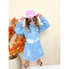 Vestido Jeans Infantil Menina Manga Longo Boiadeira Bordado