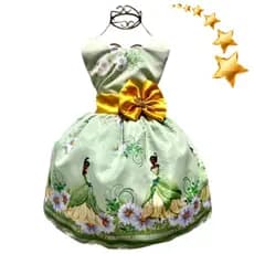 Vestido Princesa Tiana e o Sapo Infantil Temático Personagem Festa Luxo