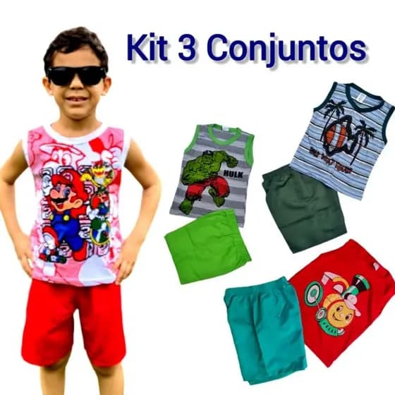 Kit 3 Conjuntos Masculino Infantil Regata Menino 6 peças- 3 Regatas + 3 Shorts