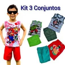 Kit 3 Conjuntos Masculino Infantil Regata Menino 6 peças- 3 Regatas + 3 Shorts