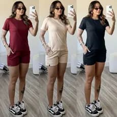 kit 3 conjunto feminino short feminino de moletom camiseta básica feminina blusa mais short de bolso blusa gola o