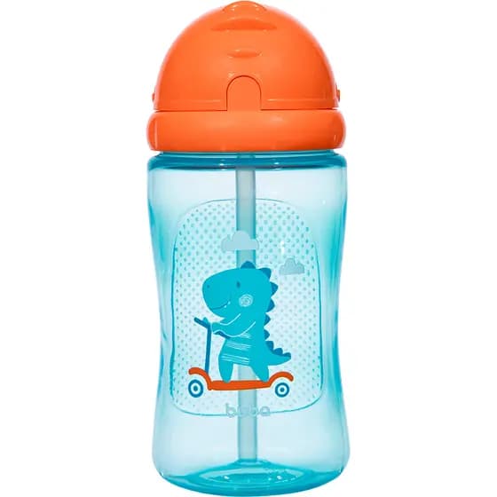 Garrafinha Infantil Com Canudo Silicone Dino 400ML Azul Buba Liquido Agua Suco 12+ Livre BPA