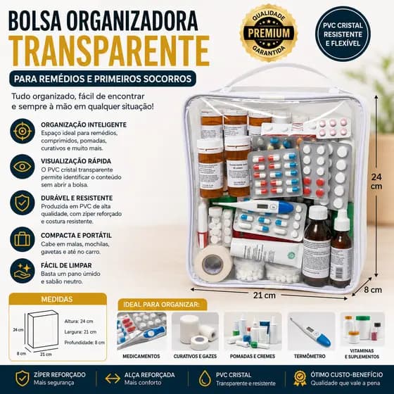 Bolsa Porta Remédios Transparente Multiuso com Zíper e Alça Reforçada