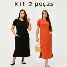 Kit 2 Vestidos Midi Feminino Casual com Bolsos | Tecido Confortável, Look Estiloso para Dia a Dia e Ocasiões Especiais