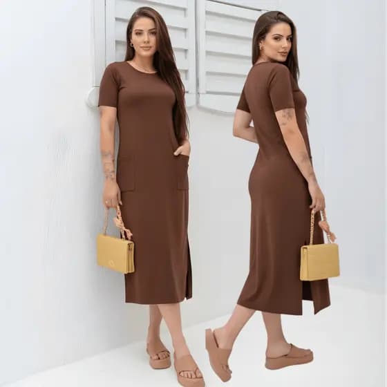 Vestido Midi Manga e Bolso Casual Liso Algodão Premium