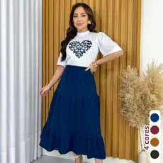 Conjunto Feminino Saia Midi + Blusa Tshirt -  100% Algodão Premium  Blusa coração - Laço - Saia com elástico três Maria