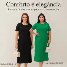 Vestido Soltinho Midi Fenda e Bolso Malha Algodão Moda Casual e Moda Evangelica Vestido Evangélico