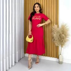 Vestido Midi Moda Evangélica Babado Elegante para Mulheres Cristãs Estampa Jesus