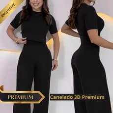 Conjunto Feminino Elegante Calça Pantalona + Blusa Cropped Malha Canelada 3D Premium